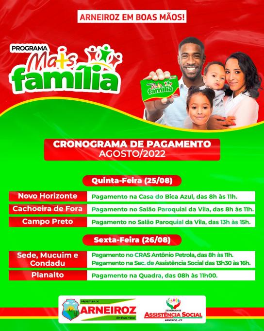 PROGRAMA MAIS FAMÍLIA DIVULGA O CALENDÁRIO DE PAGAMENTO 